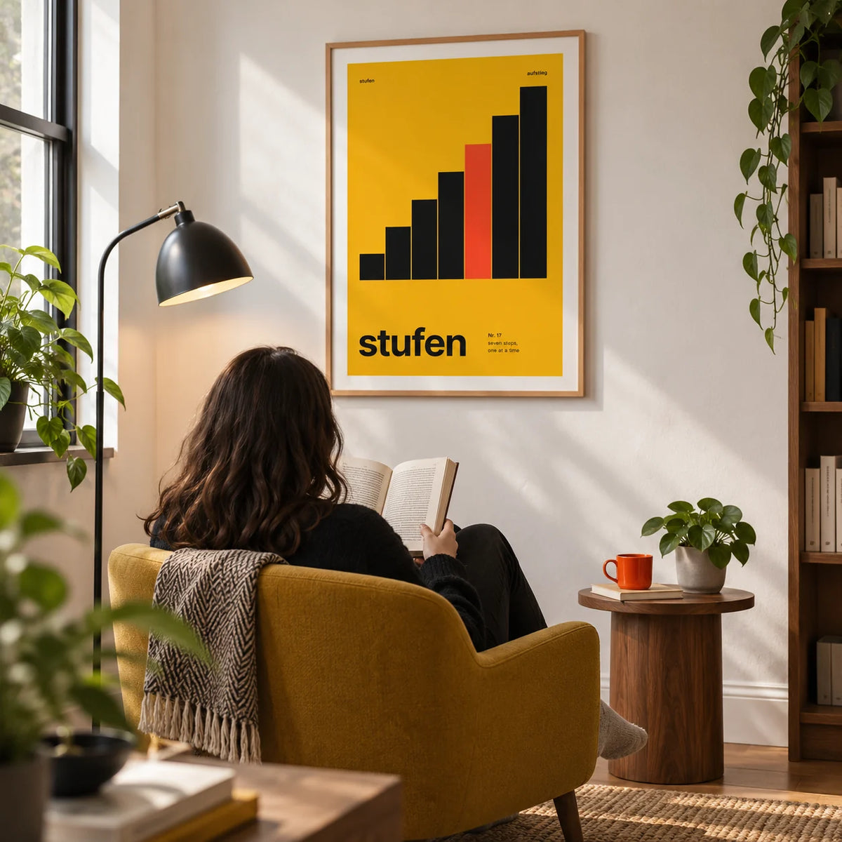 Mustard Wall Art, framed on the wall of a modern reading corner in a UK first flat for a design enthusiast aged 25-35 with a white wall in a living room