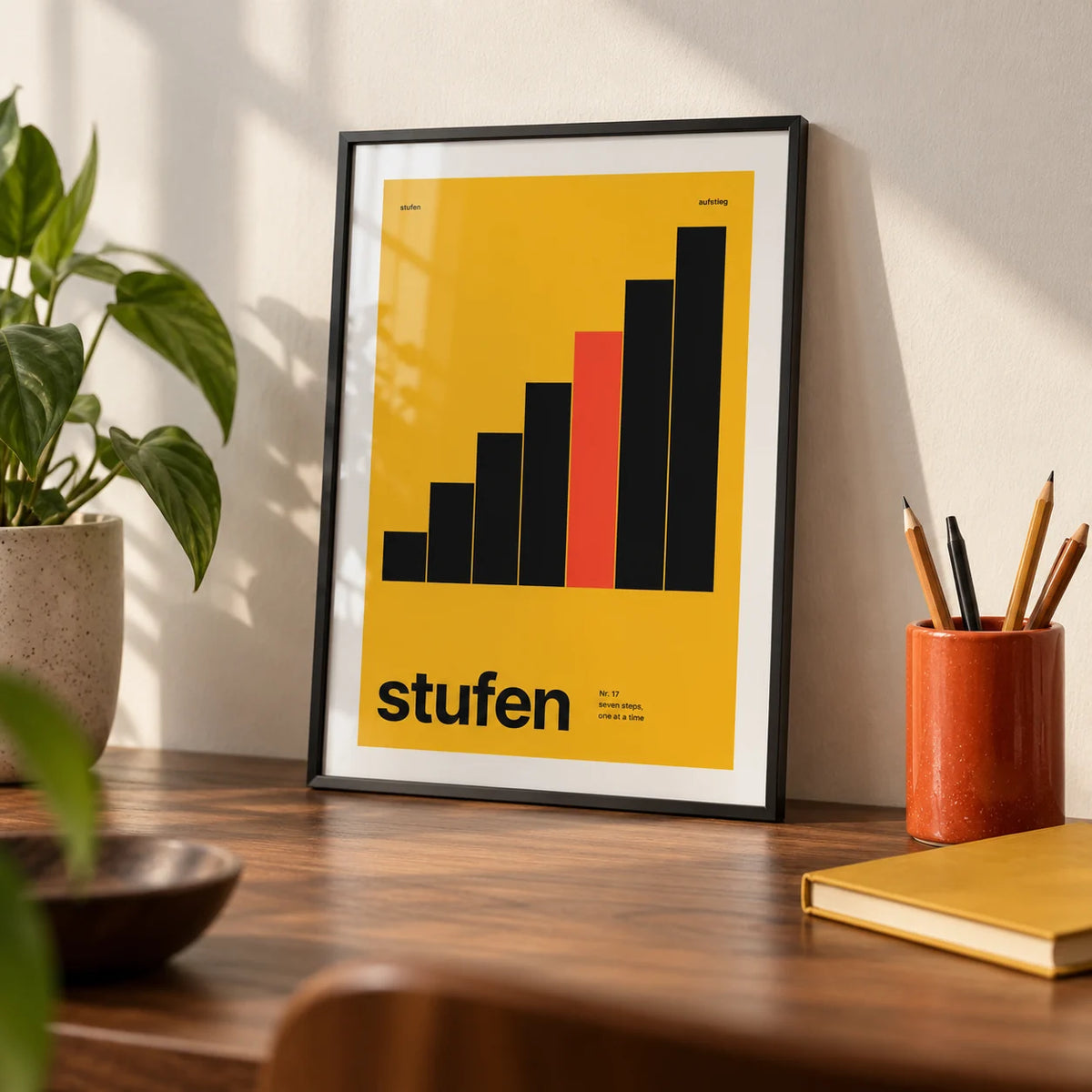 Mustard Wall Art, a small A4 framed print leaning on a walnut desk