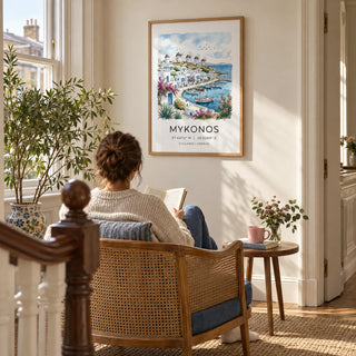 Mykonos Art Print, framed on the wall of a quiet reading corner on a spacious landing in a UK Victorian terrace with a warm white wall in a living room