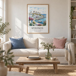 Mykonos Art Print, framed on the wall of a relaxed coastal living room in a UK terraced house with warm white limewashed walls and pale timber floorboards