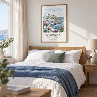 Mykonos Art Print, framed on the wall of a restful coastal bedroom in a UK seaside flat with soft white plaster walls