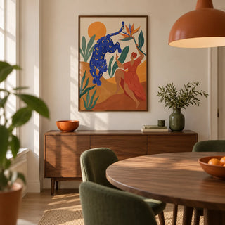 Mystical Blue Leopard Wall Art, framed on the wall of a compact design-led dining room in a UK flat with warm off-white walls