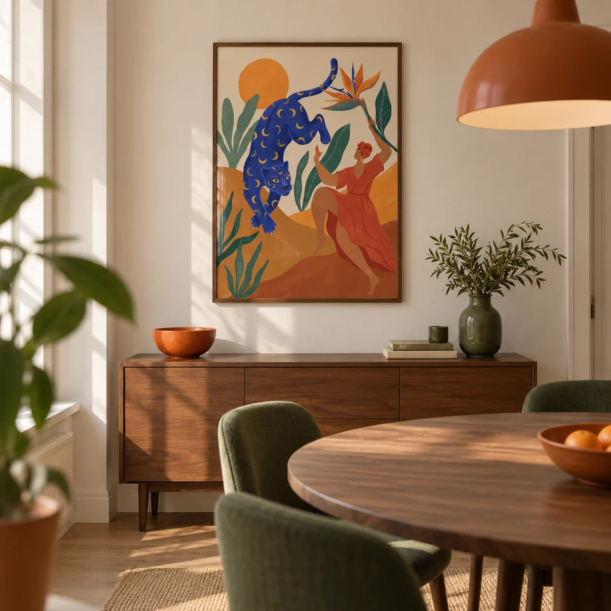 Mystical Blue Leopard Wall Art, framed on the wall of a compact design-led dining room in a UK flat with warm off-white walls