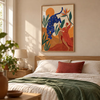 Mystical Blue Leopard Wall Art, framed on the wall of a relaxed contemporary bedroom in a UK home with a pale clay wall