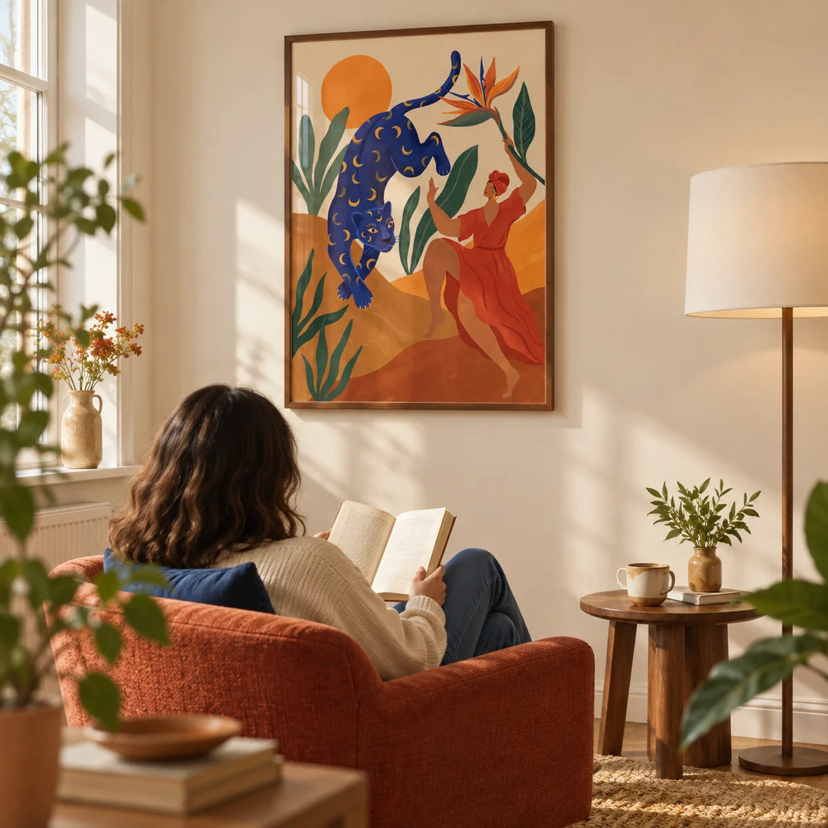 Mystical Blue Leopard Wall Art, framed on the wall of a sunlit reading corner in a UK first home for an adult aged 25-35 with a warm cream wall in a living room