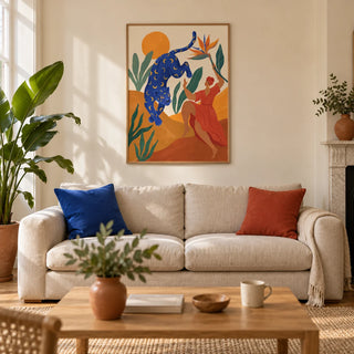 Mystical Blue Leopard Wall Art, framed on the wall of a warm contemporary living room in a UK terraced house with cream plaster walls and an oak floor