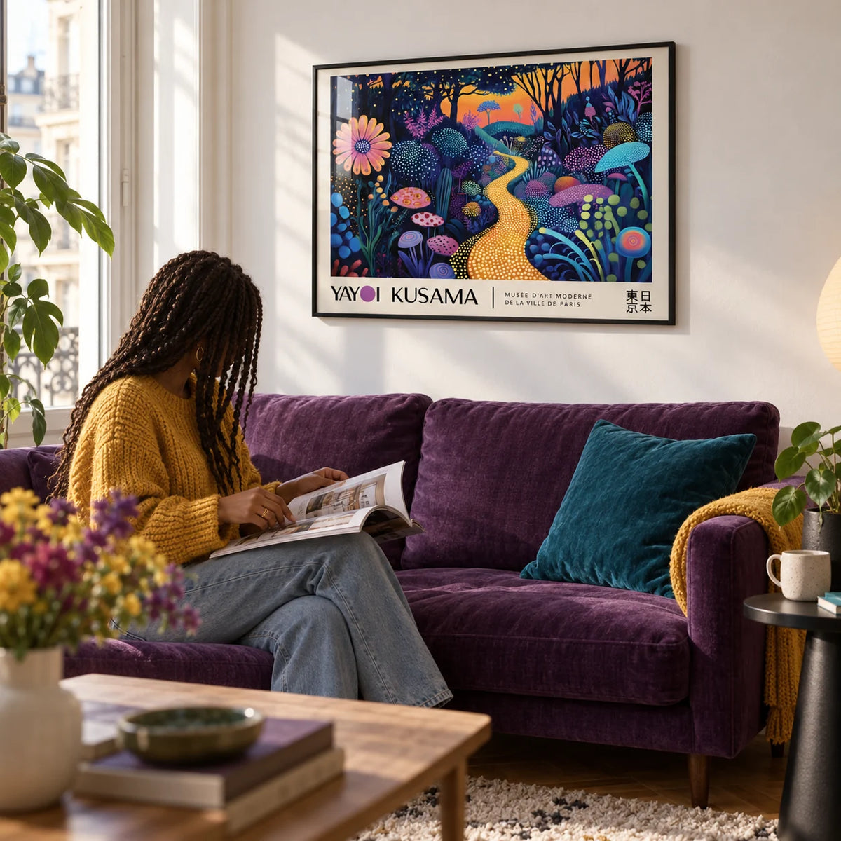 Mystical Prints, framed on the wall of a cosy city flat living room with a white wall