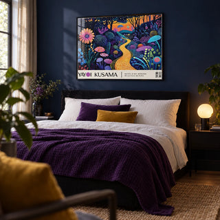 Mystical Prints, framed on the wall of a moody bedroom with a deep navy painted wall