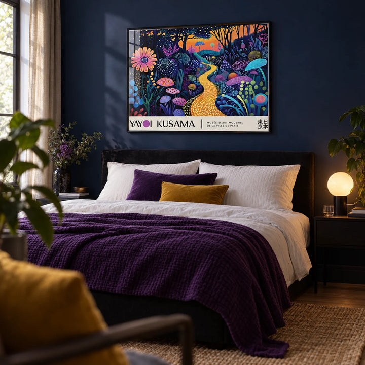 Mystical Prints, framed on the wall of a moody bedroom with a deep navy painted wall