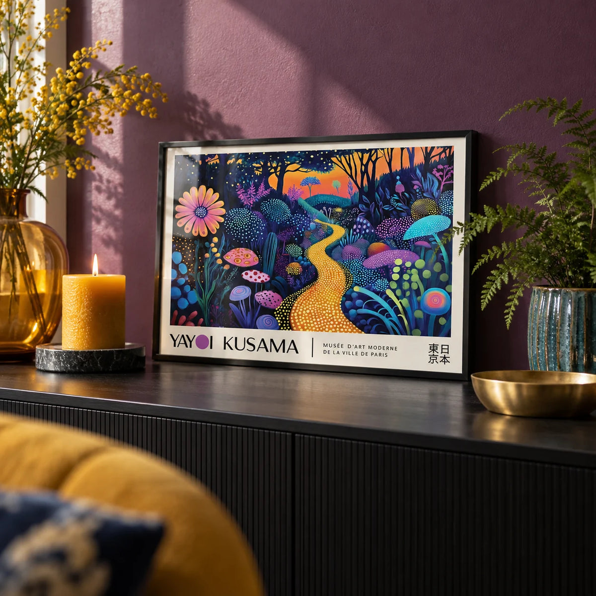Mystical Prints, a small A4 framed print leaning on a black sideboard in a living room