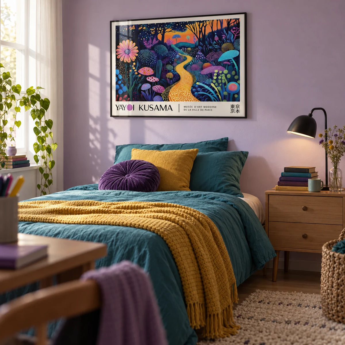 Mystical Prints, framed on the wall of a teen girl's bedroom (13-17) with a soft lilac wall