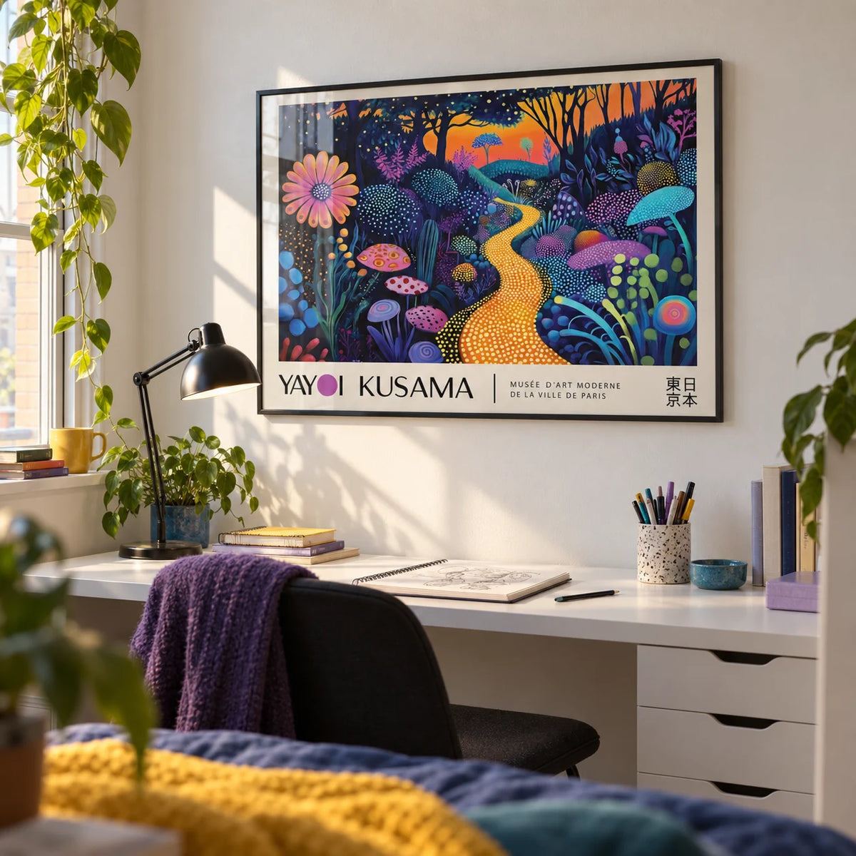 Mystical Prints, framed on the wall of an uni room desk corner (18-21) with a white wall in a bedroom