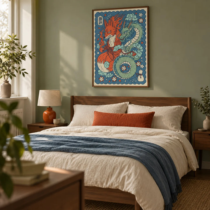 Mythical Creature Wall Art, framed on the wall of a calm adult bedroom in a UK flat with a muted sage green wall and warm wood furniture