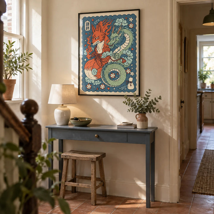 Mythical Creature Wall Art, framed on the wall of a characterful hallway in a UK terraced home with pale cream plaster walls and terracotta floor tiles without pattern