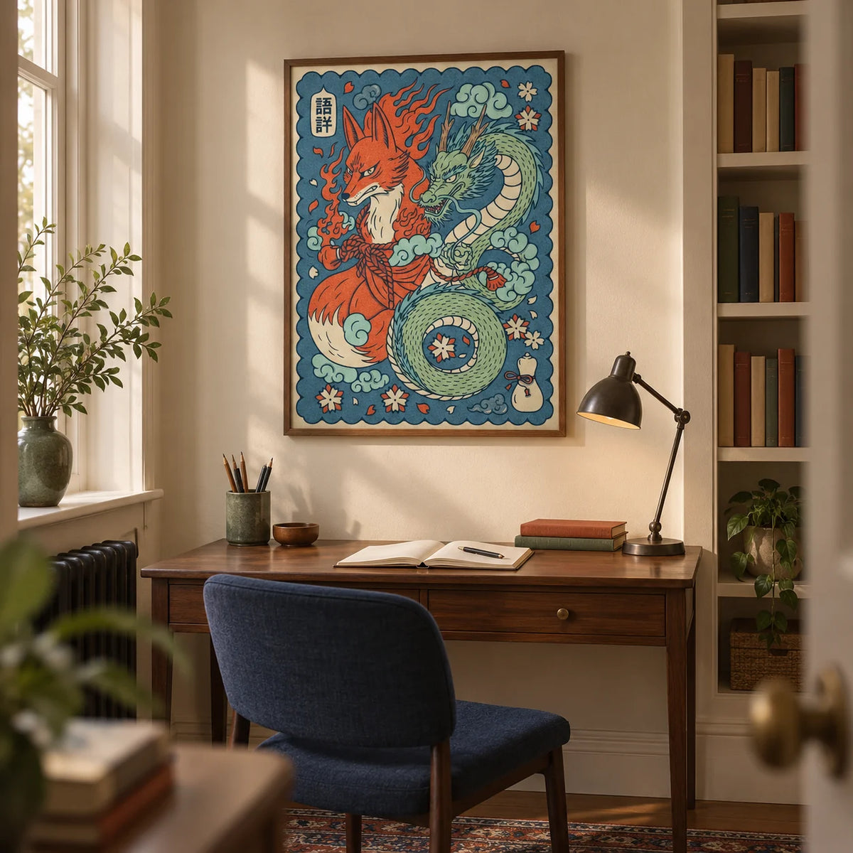 Mythical Creature Wall Art, framed on the wall of a compact study in a Victorian terrace with warm cream walls and a recessed bookshelf of books with plain spines