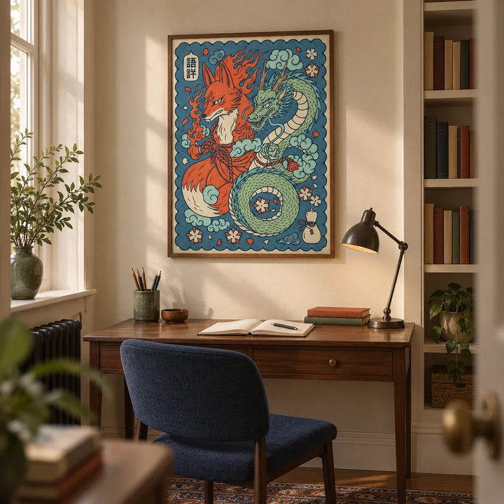 Mythical Creature Wall Art, framed on the wall of a compact study in a Victorian terrace with warm cream walls and a recessed bookshelf of books with plain spines