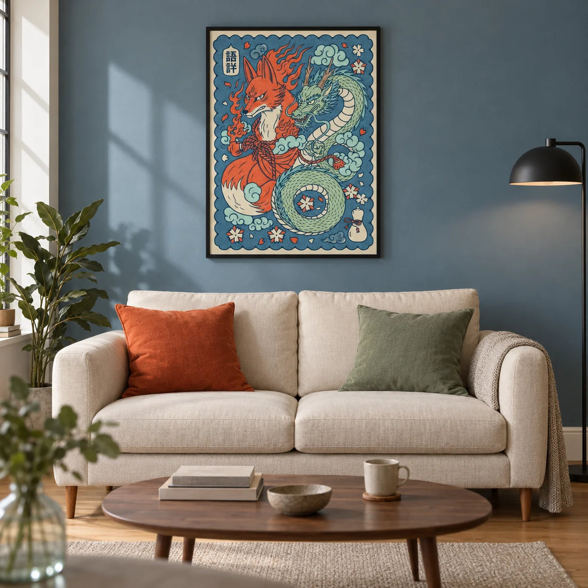 Mythical Creature Wall Art, framed on the wall of a modern living room in a UK city flat with a dusty blue wall and warm oak floor
