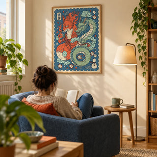 Mythical Creature Wall Art, framed on the wall of a quiet reading corner in a first flat for an adult aged 25-35 in a living room