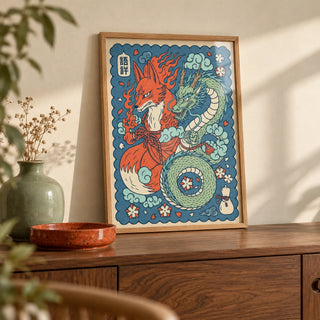 Mythical Creature Wall Art, a small A4 framed print leaning on a walnut sideboard in a living room