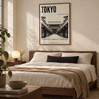 Nakamise Dori Art Print, framed on the wall of a calm contemporary bedroom in a city flat with an ivory wall and walnut furniture