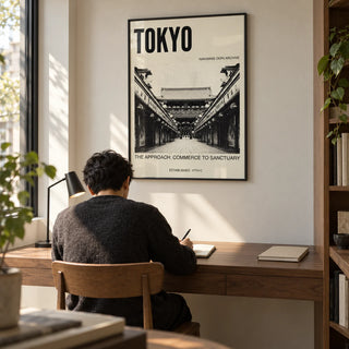 Nakamise Dori Art Print, framed on the wall of a compact home study for an architecture enthusiast with an ivory wall and a built-in walnut desk