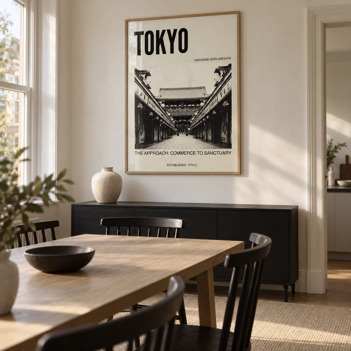 Nakamise Dori Art Print, framed on the wall of a modern dining room in a modest UK terrace with warm white walls
