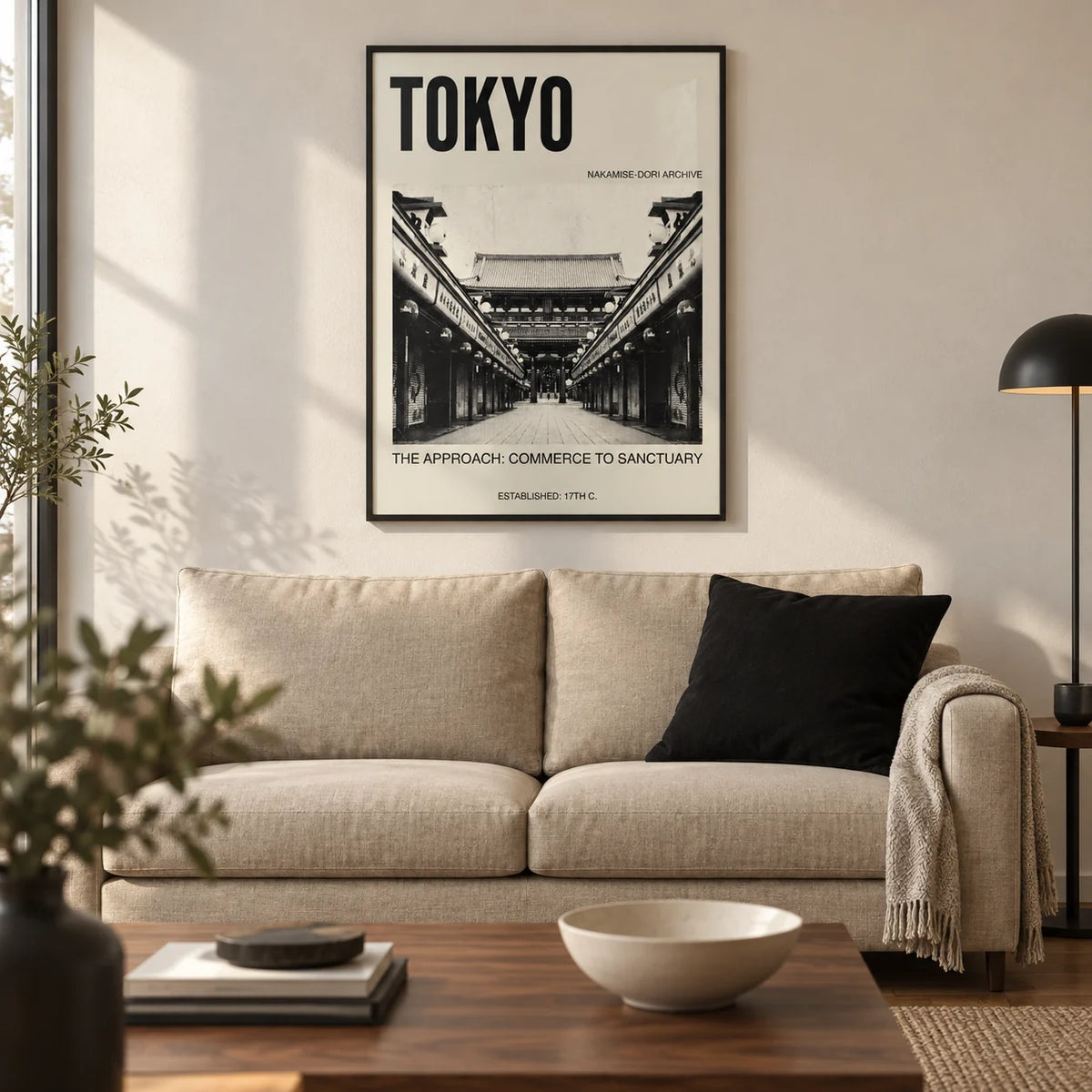Nakamise Dori Art Print, framed on the wall of a modern living room in a UK city flat with an ivory wall