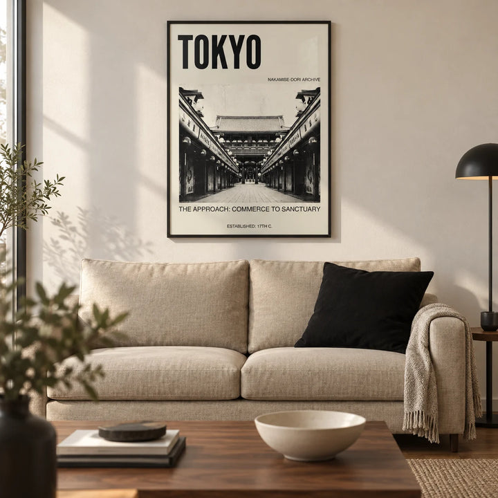 Nakamise Dori Art Print, framed on the wall of a modern living room in a UK city flat with an ivory wall