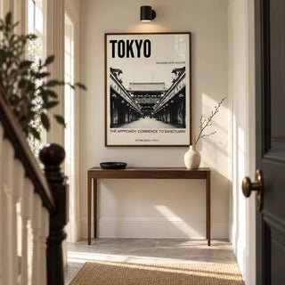 Nakamise Dori Art Print, framed on the wall of a narrow entrance hallway in a renovated Victorian terrace with warm white walls and pale stone flooring