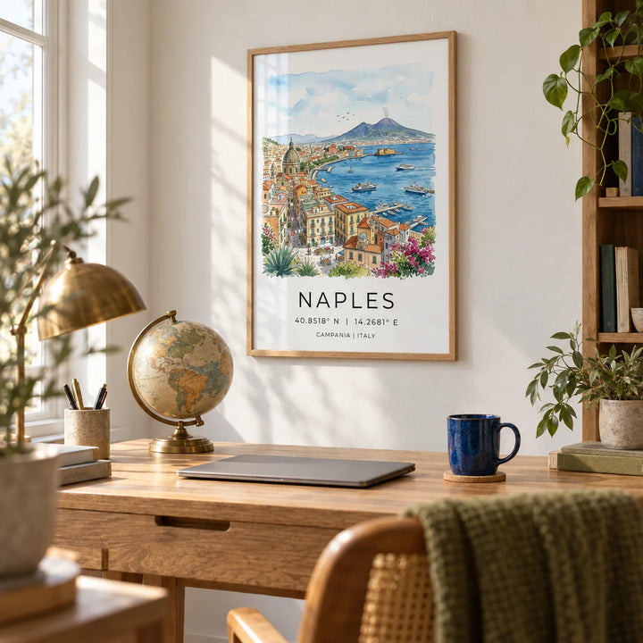 Naples City Art Print, framed on the wall of a bright home office