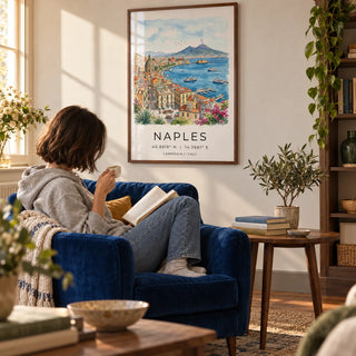 Naples City Art Print, framed on the wall of a characterful living room