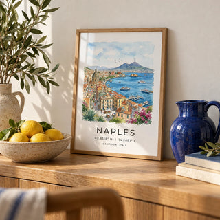 Naples City Art Print, a small A4 framed print leaning on an oak shelf in a living room