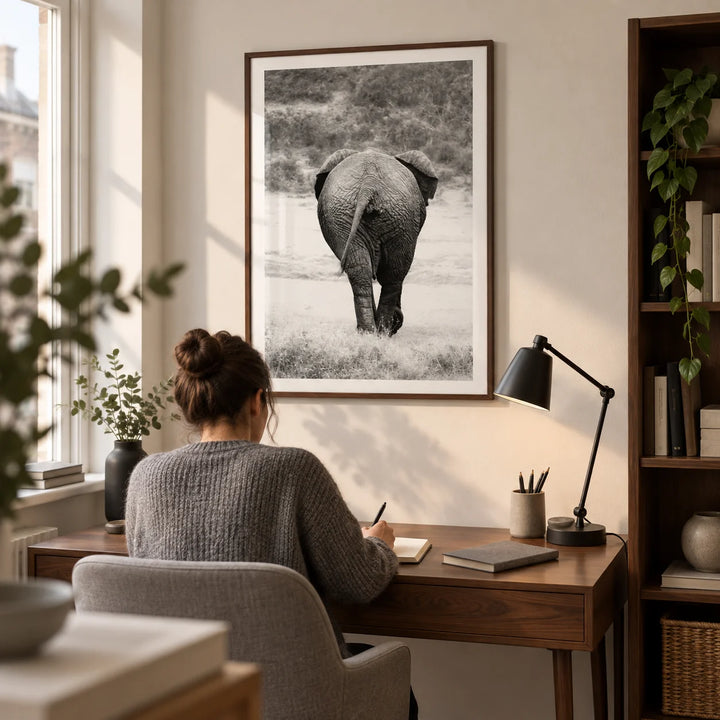 Nature Animal Wall Art, framed on the wall of a quiet home study in a UK flat with a warm white wall and walnut furniture