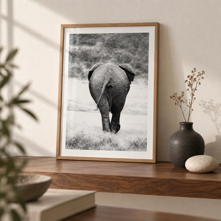 Nature Animal Wall Art, a small A4 framed print leaning on a walnut shelf in a living room