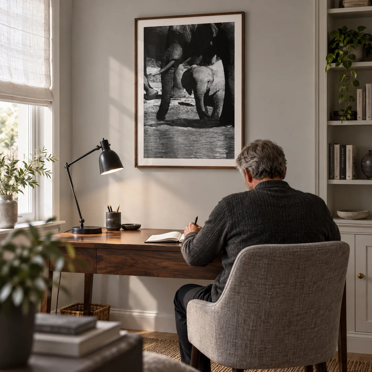 Nature Art Print, framed on the wall of a quiet home study in a mature couple's UK house with a pale grey wall and a fitted low bookcase