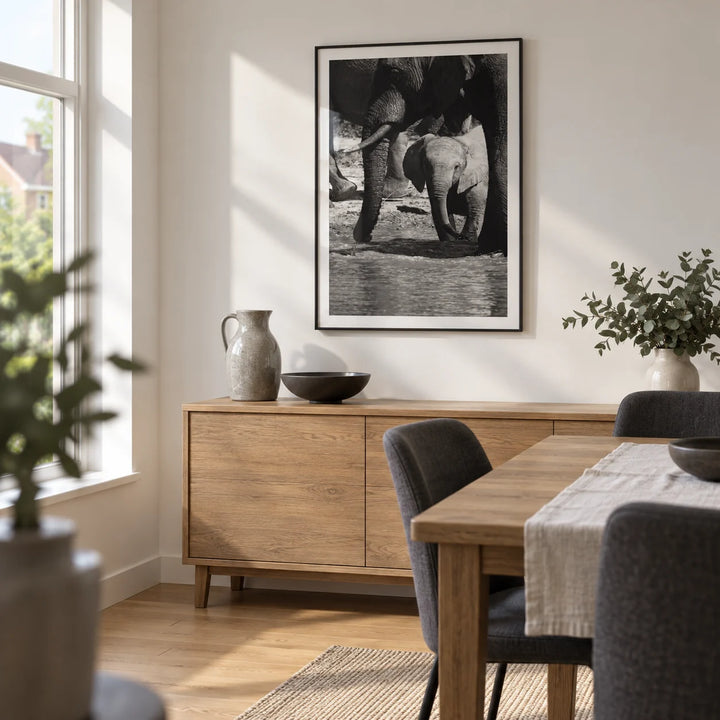 Nature Art Print, framed on the wall of a relaxed dining room in a UK suburban home with a chalk-white wall
