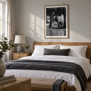 Nature Art Print, framed on the wall of a restful adult bedroom in a UK family home with a pale grey wall and natural oak furniture