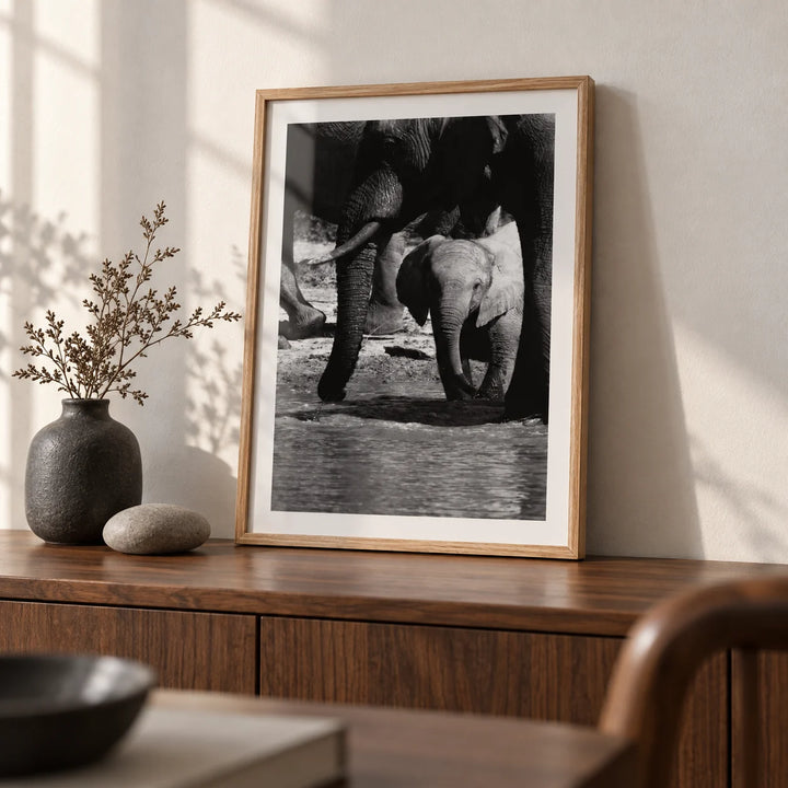Nature Art Print, a small A4 framed print leaning on a walnut sideboard in a living room