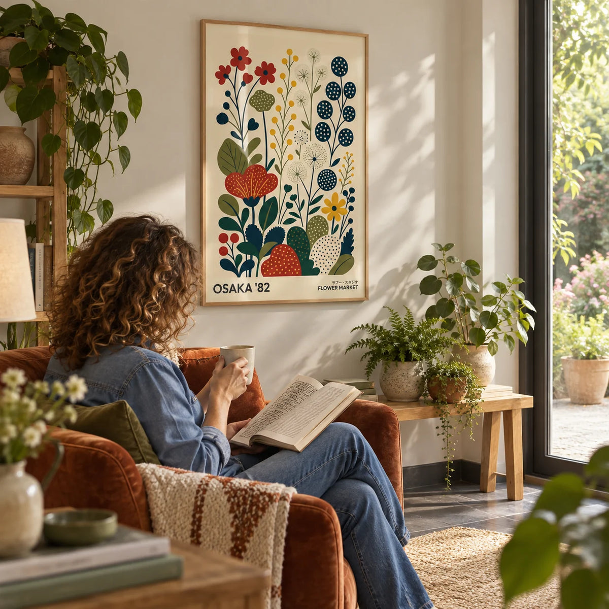 Nature Artwork, framed on the wall of a light garden room with glass doors onto a garden in a living room