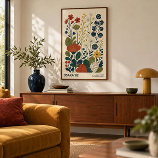Nature Artwork, framed on the wall of a mid-century living room with a warm white wall