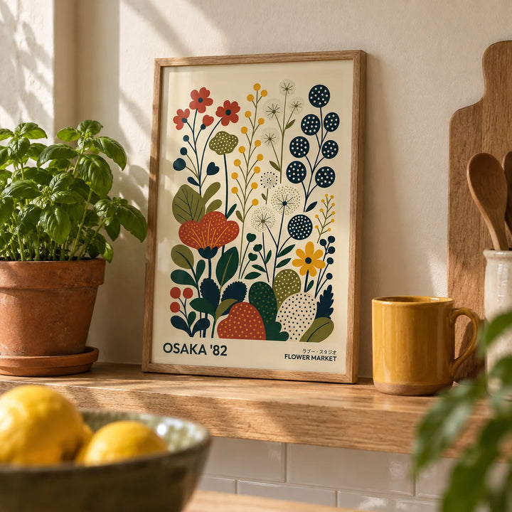 Nature Artwork, a small A4 framed print leaning on an oak kitchen shelf