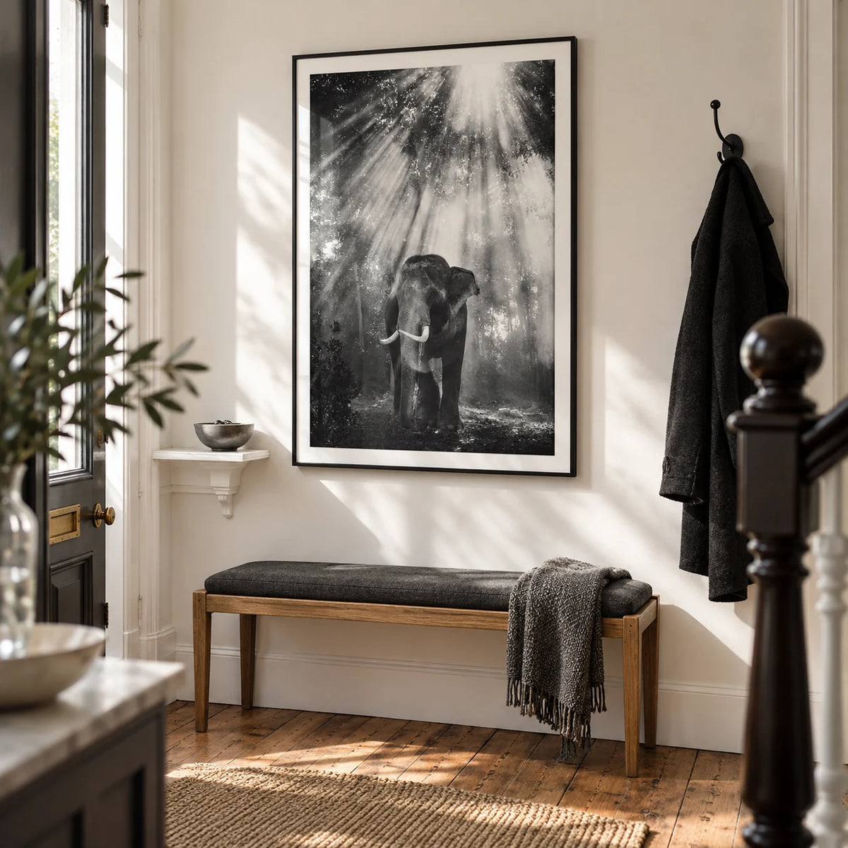 Nature Photography Wall Art, framed on the wall of a bright entrance hallway in a Victorian terrace with warm white walls and original timber floorboards