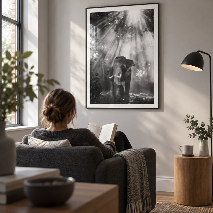 Nature Photography Wall Art, framed on the wall of a calm reading corner in a UK flat with a pale grey wall in a living room