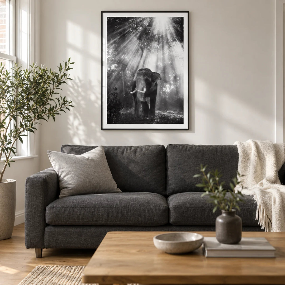 Nature Photography Wall Art, framed on the wall of a contemporary living room in a UK terraced house with a soft white wall and oak floor