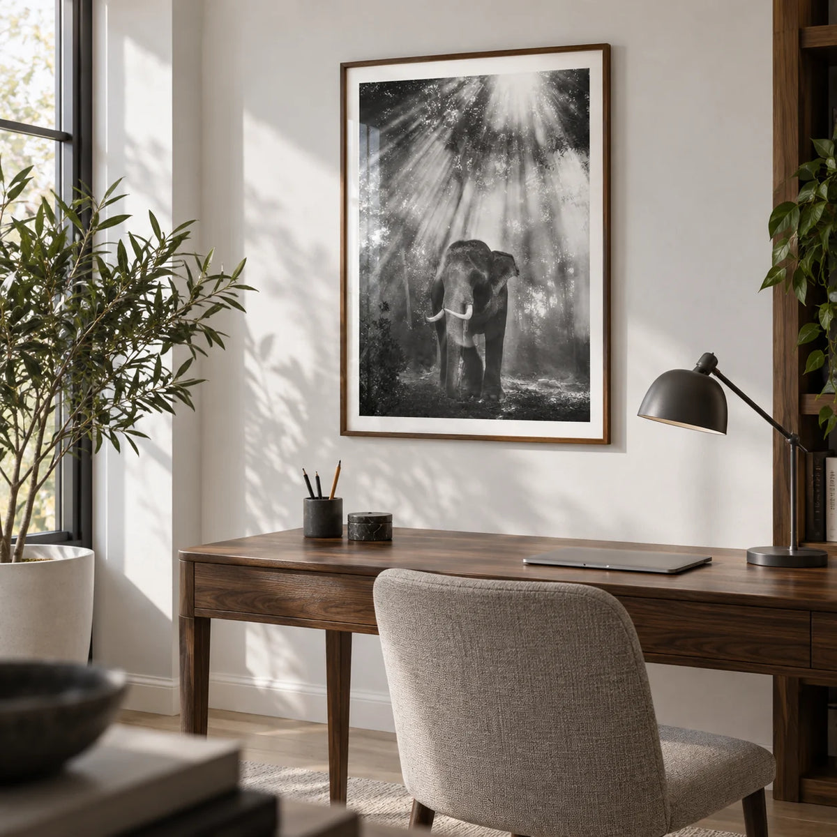 Nature Photography Wall Art, framed on the wall of a quiet home study with a soft white wall and a walnut desk