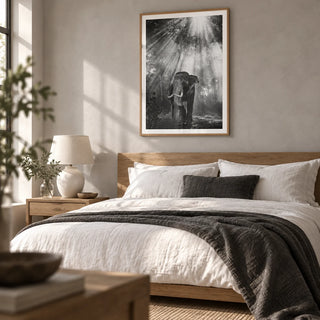 Nature Photography Wall Art, framed on the wall of a restful main bedroom with a pale grey plaster wall and natural oak floor