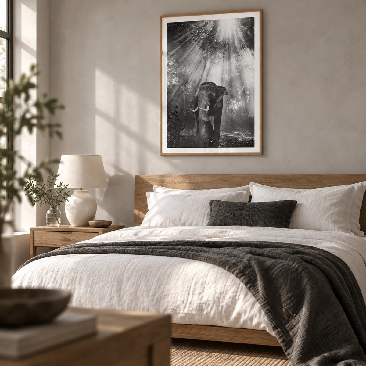 Nature Photography Wall Art, framed on the wall of a restful main bedroom with a pale grey plaster wall and natural oak floor