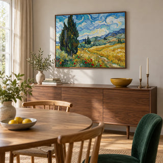 Nature Poster, framed on the wall of a light dining room in a renovated UK family home with a pale warm grey wall and timber flooring