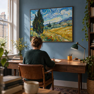 Nature Poster, framed on the wall of a quiet home study in a UK terraced house with a muted blue wall and a tall window
