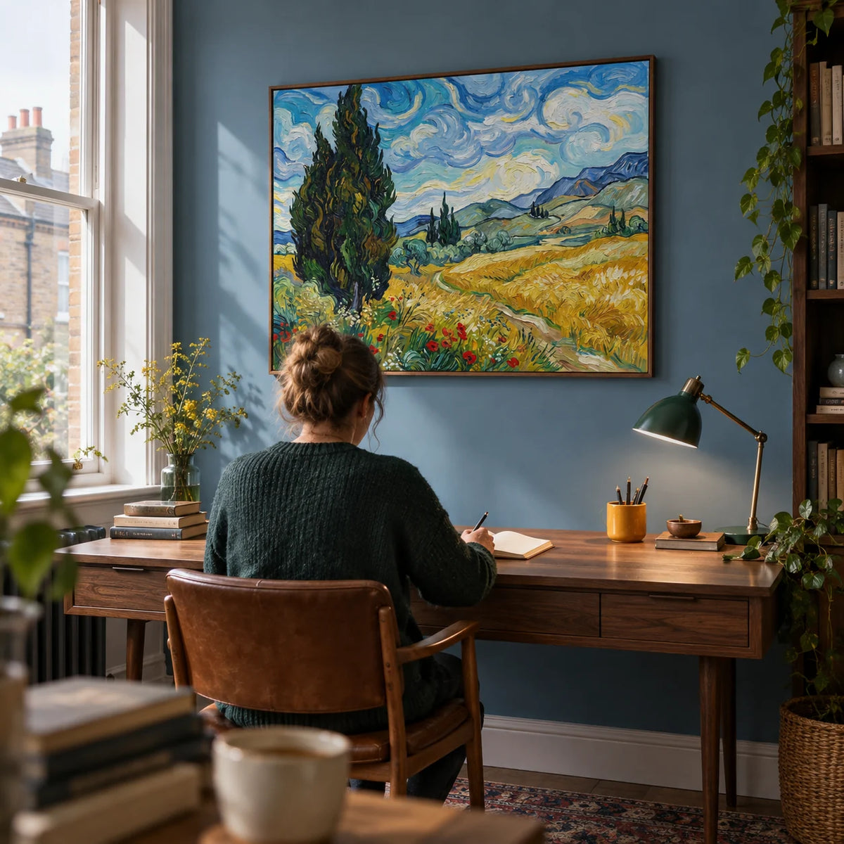 Nature Poster, framed on the wall of a quiet home study in a UK terraced house with a muted blue wall and a tall window